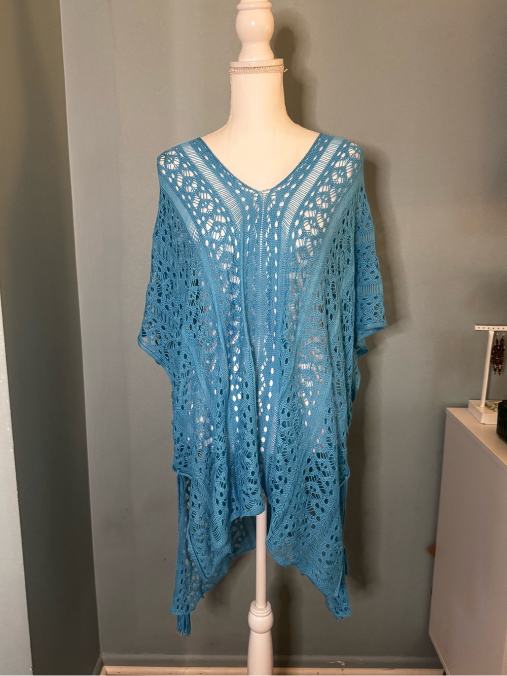 NWOT Teal Knit Crochet Knit Poncho Top - Women's Swim Cover-Up OS